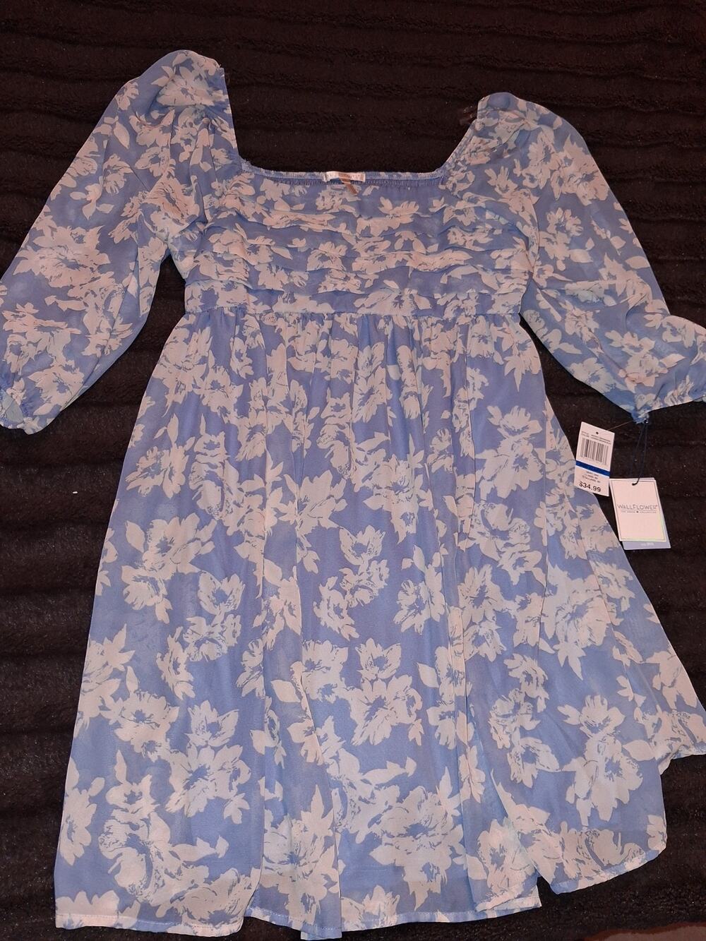 Ladies Long Sleeve blue white Floral Dress size XL